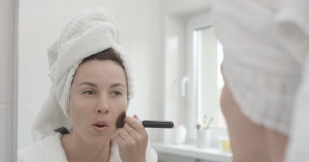 Beauty Skin Care Concept Female Applying Foundation Her Face Brush — Stock Video