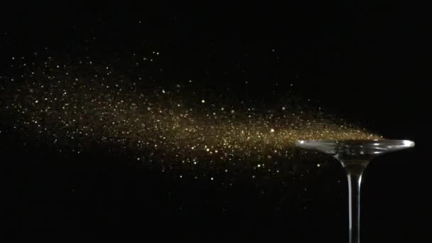 Golden Glitter Flying Air Blown Away Glass Slow Motion Black — стокове відео