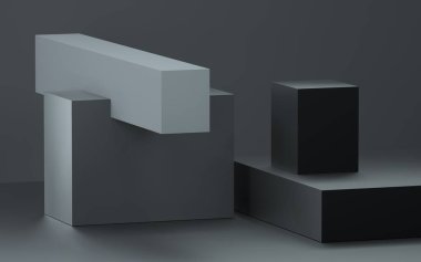 Siyah ve gri kutulardaki üç boyutlu resimdeki iki piramit hala soyut.