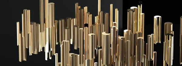 Imagem abstrata de cilindros dourados sobre um fundo preto imagem 3D — Fotografia de Stock
