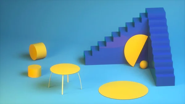 Imagen abstracta de un loft interior en tonos azul-amarillo Imagen 3D — Foto de Stock