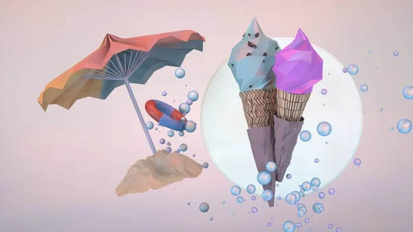 Abstraktes Stillleben von Eis auf einem Hintergrund der Sonne und einem Regenschirm in Großaufnahme 3D-Bild lizenzfreie Stockbilder