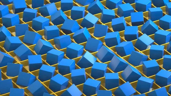 Chaotyczne rozmieszczenie plastikowych kostek w siatce Obraz 3D — Zdjęcie stockowe