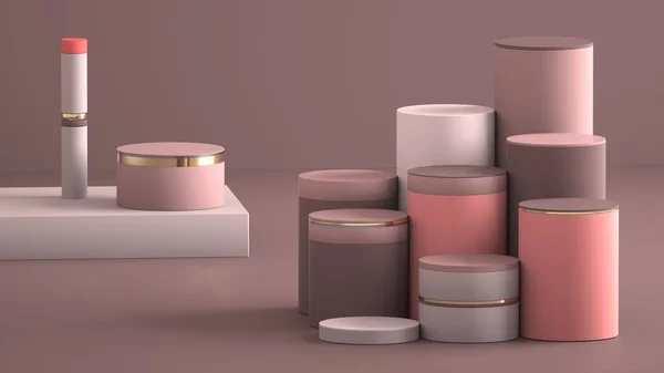 Abstract composition of powder jars and lipstick 3D image
