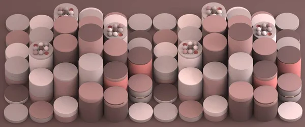 Abstrakte Zusammensetzung von Zylindern unterschiedlicher Höhe und Puderkugeln 3D-Bild Stockbild