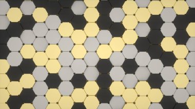 Siyah altın ve gri altıgenlerin üç boyutlu görüntüsünün soyut görüntüsü