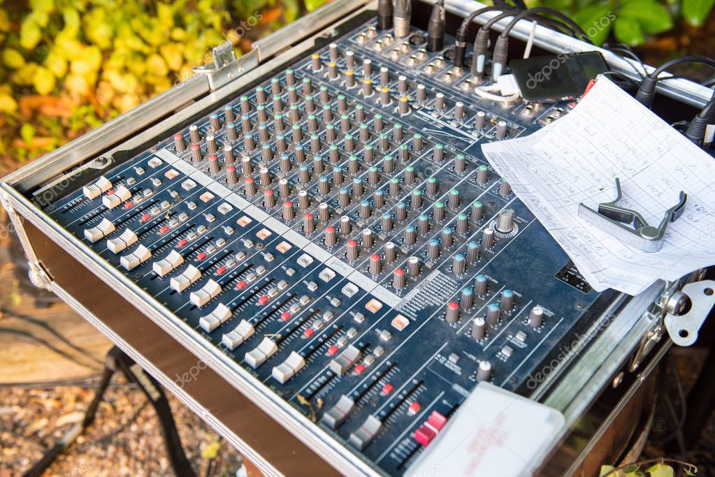 Mixing console in the beer garden at an open air concert