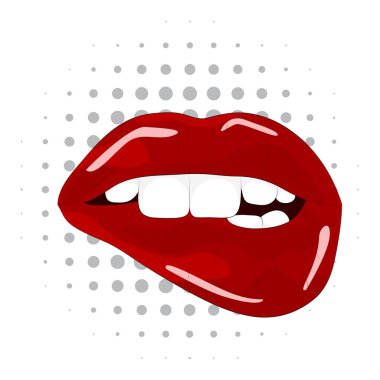 Tatlı seksi pop sanat parlak vektör dudaklar çifti. Açık seksi ıslak kırmızı dudaklar ile diş pop sanat set arka planlar, vektör çizim, desen