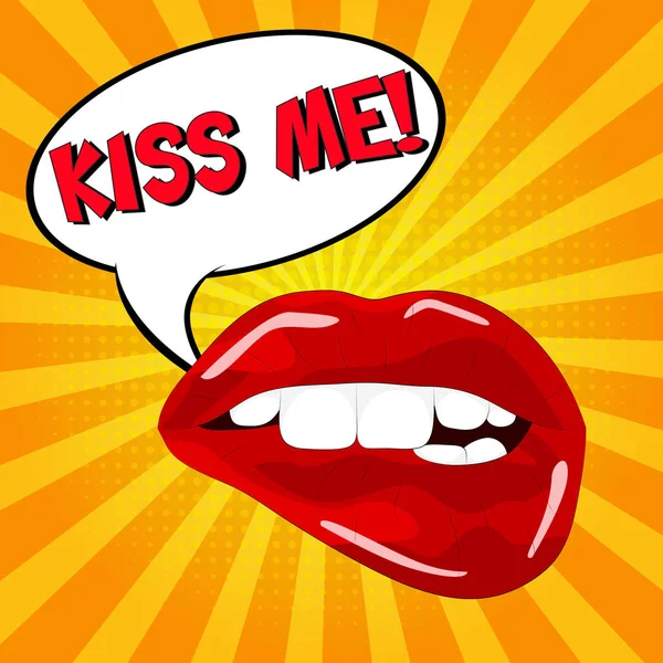 Beija Doce Sexy Pop Art Par Lábios Vetores Brilhantes Aberto —  Vetores de Stock