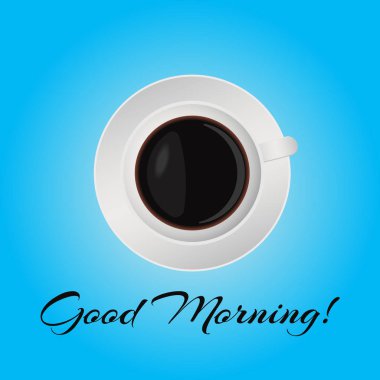 Günaydın yazı. Düz tasarım fincan kahve, vektör Mavi degrade arka plan illüstrasyon izole.