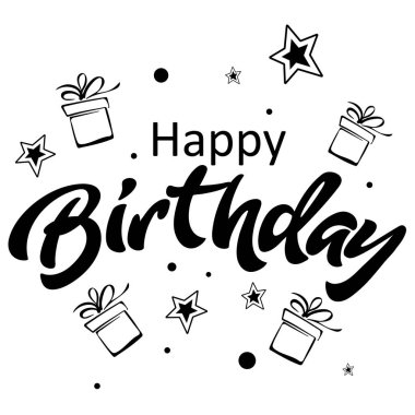 Mutlu Doğum günü tebrik kartı. Beyaz artalan üzerinde illüstrasyon izole yazı