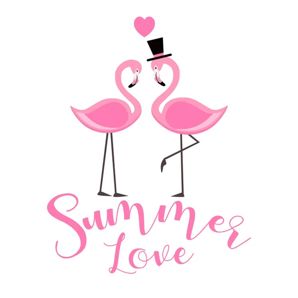 Roze Flamingo Summer Love Belettering Geïsoleerde Illustratie Witte Achtergrond — Stockvector