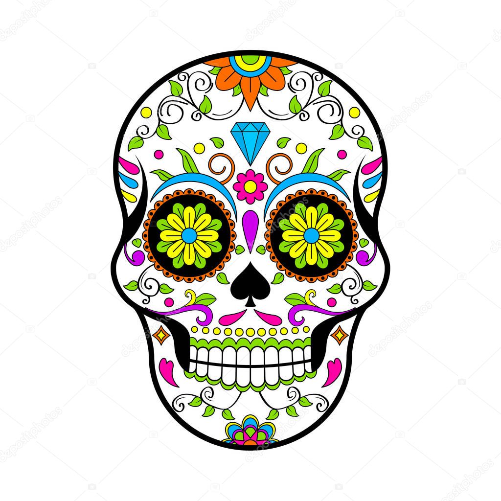 Mexican Sugar skulls, Day of the dead vector illustration on white background 
