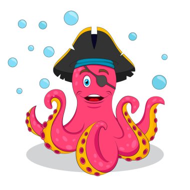 Sevimli pembe korsan ahtapot. Vektör illüstrasyon izole. Beyaz arka plan üzerinde T-shirt veya çocuk kitabı için yazdırma