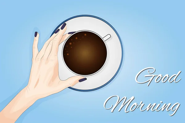 Buenos Días Letras Manos Mujer Sosteniendo Café Buen Comienzo Por — Vector de stock