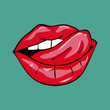 Tatlı seksi pop sanat parlak vektör dudaklar çifti. Açık seksi ıslak kırmızı dudakları diş pop sanat, vektör çizim ile 