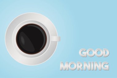 Günaydın yazı. Düz tasarım fincan kahve, vektör Mavi degrade arka plan illüstrasyon izole.