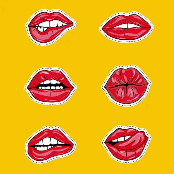 Kırmızı parlak ruj, Öpüşme, baştan çıkarıcı seksi kadın dudaklarında kümesi ısırıldı, dil, lolipop, kiraz, gül, şeker. Sarı arka plan üzerinde izole glamour ağız. Pop sanat tarzı kadın seksi ağız. vektör çizim kağıt sanat tarzı