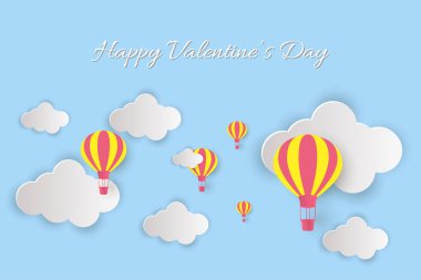Mutlu sevgililer günü yazı! Güzel bulutlar ve hava balonu! Mavi arka plan üzerinde soyut kağıt sanat 3d vektör çizim. Sevgililer günü kartı. 