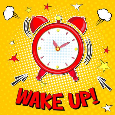 Uyandır!! Yazı karikatür vektör çizim ile çalar saat sarı halfone arka plan üzerinde. Pop sanat tarzı