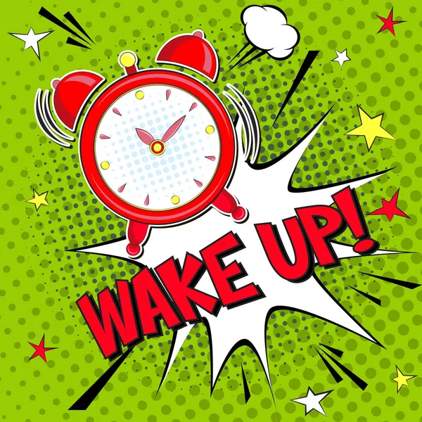 Wake Lettering Cartoon Vector Illustration Alarm Clock Green Halfone Background — Stockvector