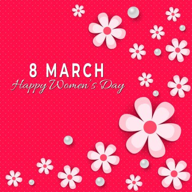 8 Mart! Mutlu Woman's day! Çiçekli pembe bir arka plan üzerinde resimde yazı vektör