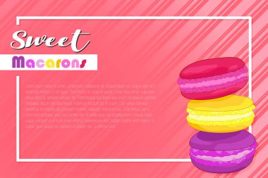 Tatlı macarons afiş yazı illüstrasyon renk macarons mercan zemin üzerine vektör. El ilanı veya şeker dükkanı için banner