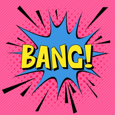 Komik konuşma balonları. Pop art vektör etiket çizim. Vintage çizgi roman kitap poster. pembe arka plan. Renkli komik yazı tipi. Patlama!