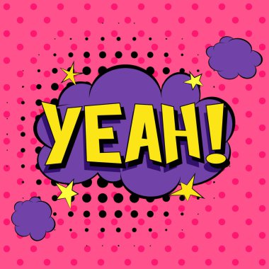 Komik konuşma balonları. Pop art vektör etiket çizim. Vintage çizgi roman kitap poster. pembe arka plan. Renkli komik yazı tipi. Evet!