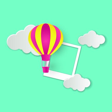 Güzel bulutlar ve hava balonu! Soyut kağıt sanat 3d vektör çizim mavi zemin üzerine. 