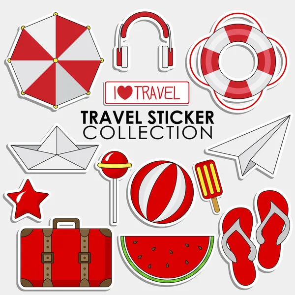 Collection Autocollants Summer Red Travel Illustration Isolée Vectorielle Sur Fond — Image vectorielle