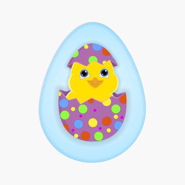 Mutlu paskalya kartı. Kağıt sanat tarzında yumurta ile mavi arka planda sevimli sarı tavuk. Vektör Illustration