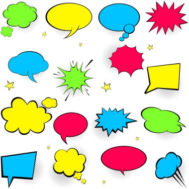 Komik konuşma kabarcıkları. Pop sanat vektör etiket Illustration. Mavi arka planda Vintage çizgi roman kitap poster. Renkli komik yazı. 