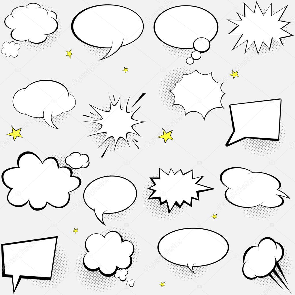 Comic speech bubbles set. Pop art vector label illustration. Vintage comics book poster on white background. Colored funny font. 