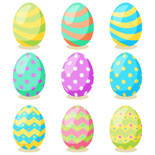 Happy Easter card. Set of cute Easter eggs with different texture on a white background. Spring holiday. Vector Illustration.Happy easter eggs