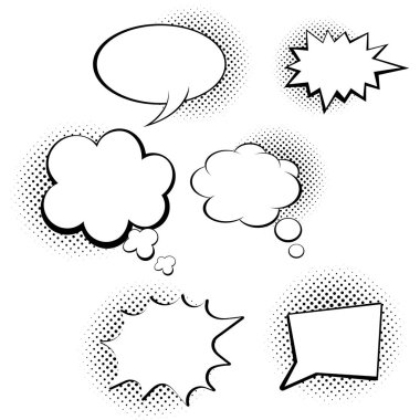 Komik konuşma kabarcıkları ayarlayın. Pop art vektör etiket illüstrasyon. Beyaz arka plan vintage çizgi roman kitap posteri. 