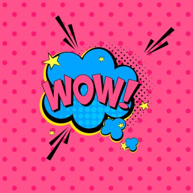 Vay canına! Mavi çizgi roman konuşma baloncukları. Pop Art Vektör Etiketi Çizimi. Pembe arka planda klasik çizgi roman posteri. Renkli komik yazı tipi. 