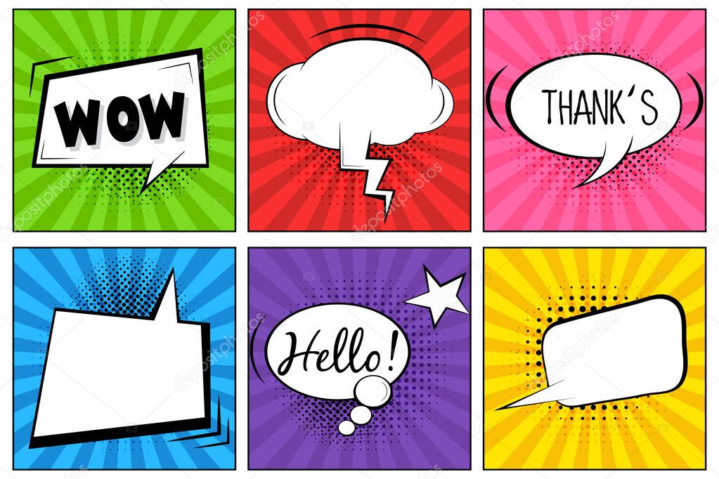 Hello! WOW! Thank's! Comic speech bubbles. Pop art vector label illustration. Vintage comics book poster on bright background. Colored funny font. 