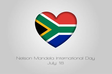 18 Temmuz Nelson Mandela Uluslararası Günü. Gri arka planda kalp ve bayrak içeren vektör izole illüstrasyon