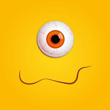 Komik Cadılar Bayramı tebrik kartı canavar turuncu gözleri. Sarı arkaplanda izole edilmiş vektör illüstrasyonu