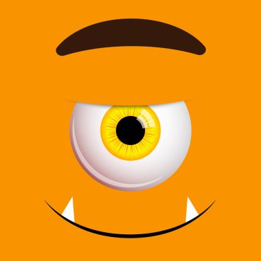 Funny Halloween greeting card monster yellow eyes. Vector isolated illustration on orange background clipart