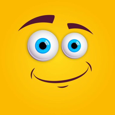 Gülümseyen renkli çizgi film suratlı, komik mavi gözlü, gülen yüzlü. Sevimli canavar. Sarı arkaplanda izole edilmiş vektör illüstrasyonu. 