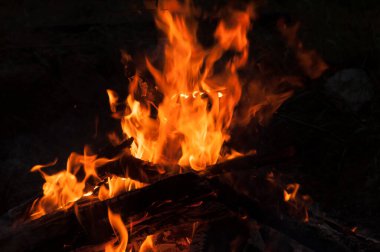 Kamp ateşinin alevleri gece yakın planda.