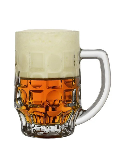 big mug with beer of amber color half filled with foam, isolated on a white background
