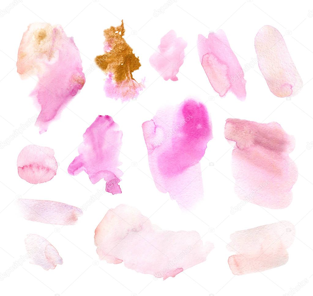 Set of pink and golden watercolor brush strokes and spots isolated on white backgound, perfect for logo design, branding, labels.