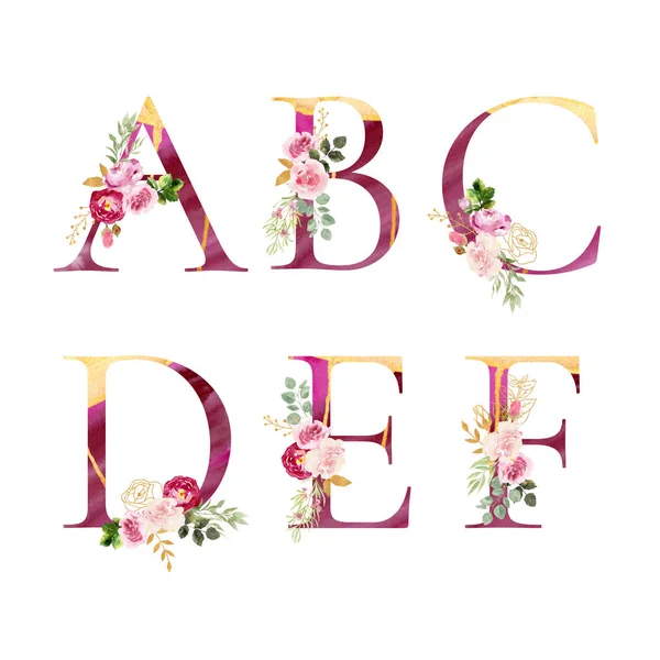 Watercolor floral alpbabet, hand painted and isolated on white background. Beautiful pink letters with golden flows. Decorated with flowers and leaves. Set of letters g, h, i, j, k, l