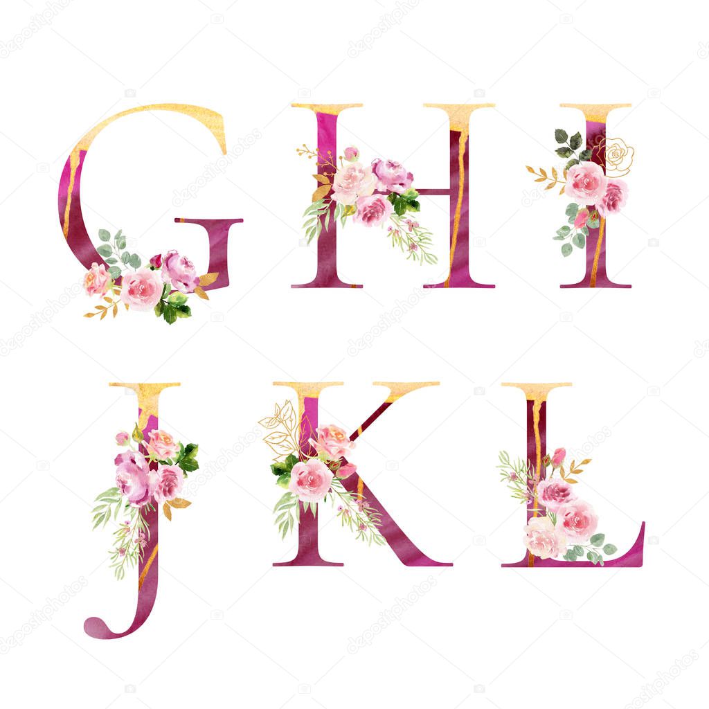 Watercolor floral alpbabet, hand painted and isolated on white background. Beautiful pink letters with golden flows. Decorated with flowers and leaves. Set of letters g, h, i, j, k, l