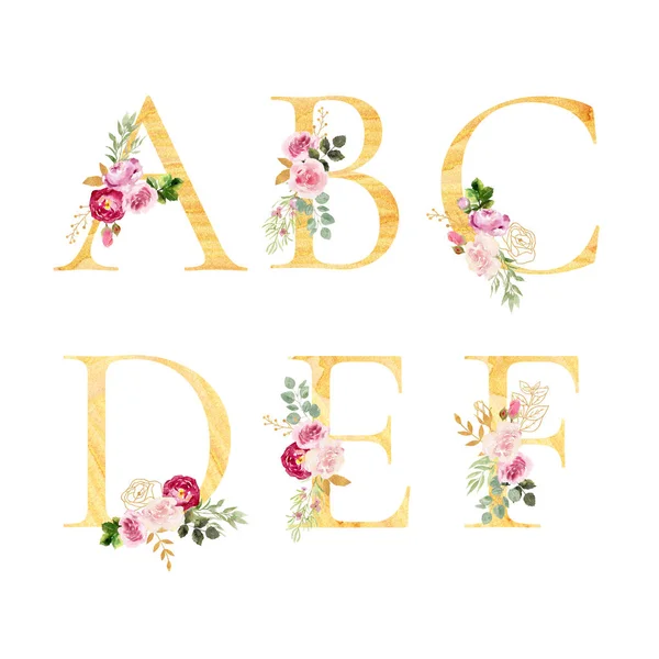 Golden watercolor floral alpbabet, hand painted and isolated on white background. Beautiful pink letters with golden flows. Decorated with flowers and leaves. Set of letters g, h, i, j, k, l