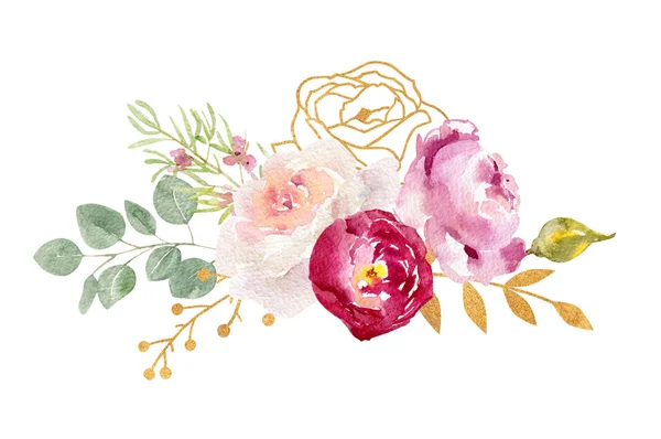 手描きの水彩画の葉と黄金の要素で飾られた花のアレンジメント 白い背景上に分離 結婚式招待状 グリーティング カードなどに最適なイラスト — ストック写真