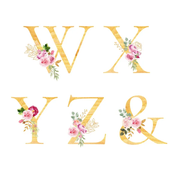 Golden watercolor floral alpbabet, hand painted and isolated on white background. Beautiful pink letters with golden flows. Decorated with flowers and leaves. Set of letters w x y z &